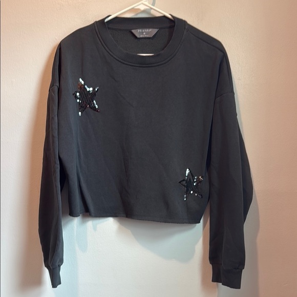 Primark Medium Black Cropped Sweatshirt with Sequin Stars Fleece Lined - Picture 1 of 10